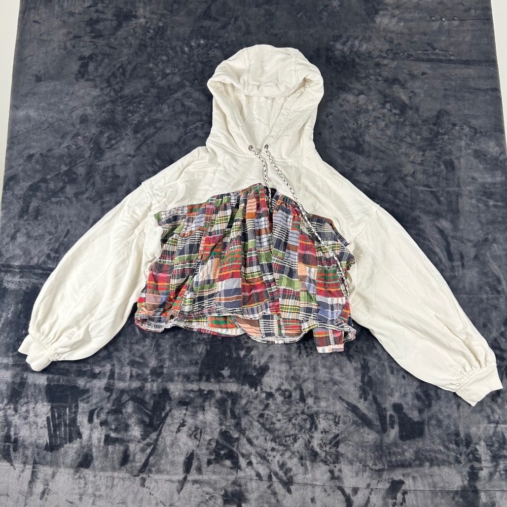 Pilcro Anthropologie Hoodie Womens Medium White Mixed Media Plaid Patchwork - Picture 1 of 7